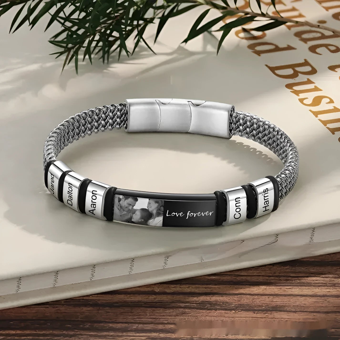 Men's titanium steel lettering bracelet with leather rope band and heart-shaped beads