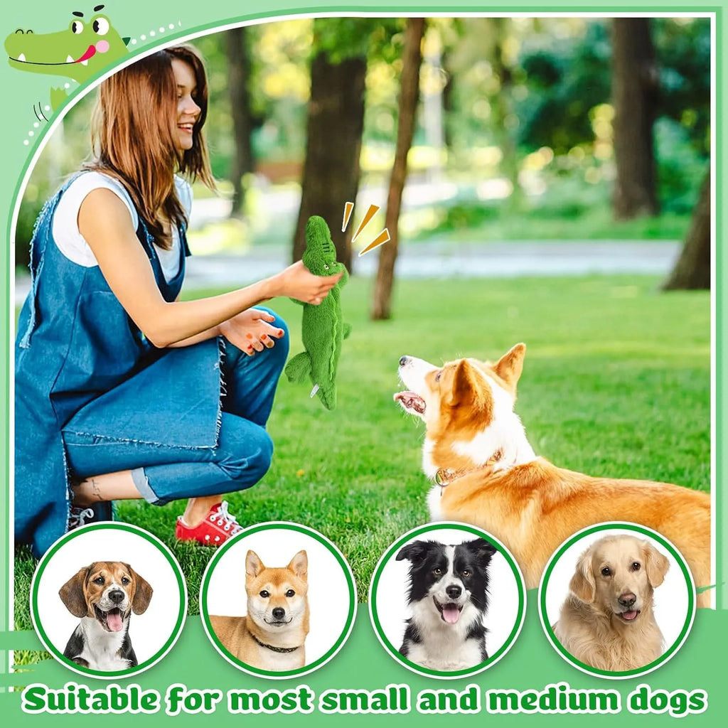 Green crocodile squeaky dog toy with no stuffing for aggressive chewers
