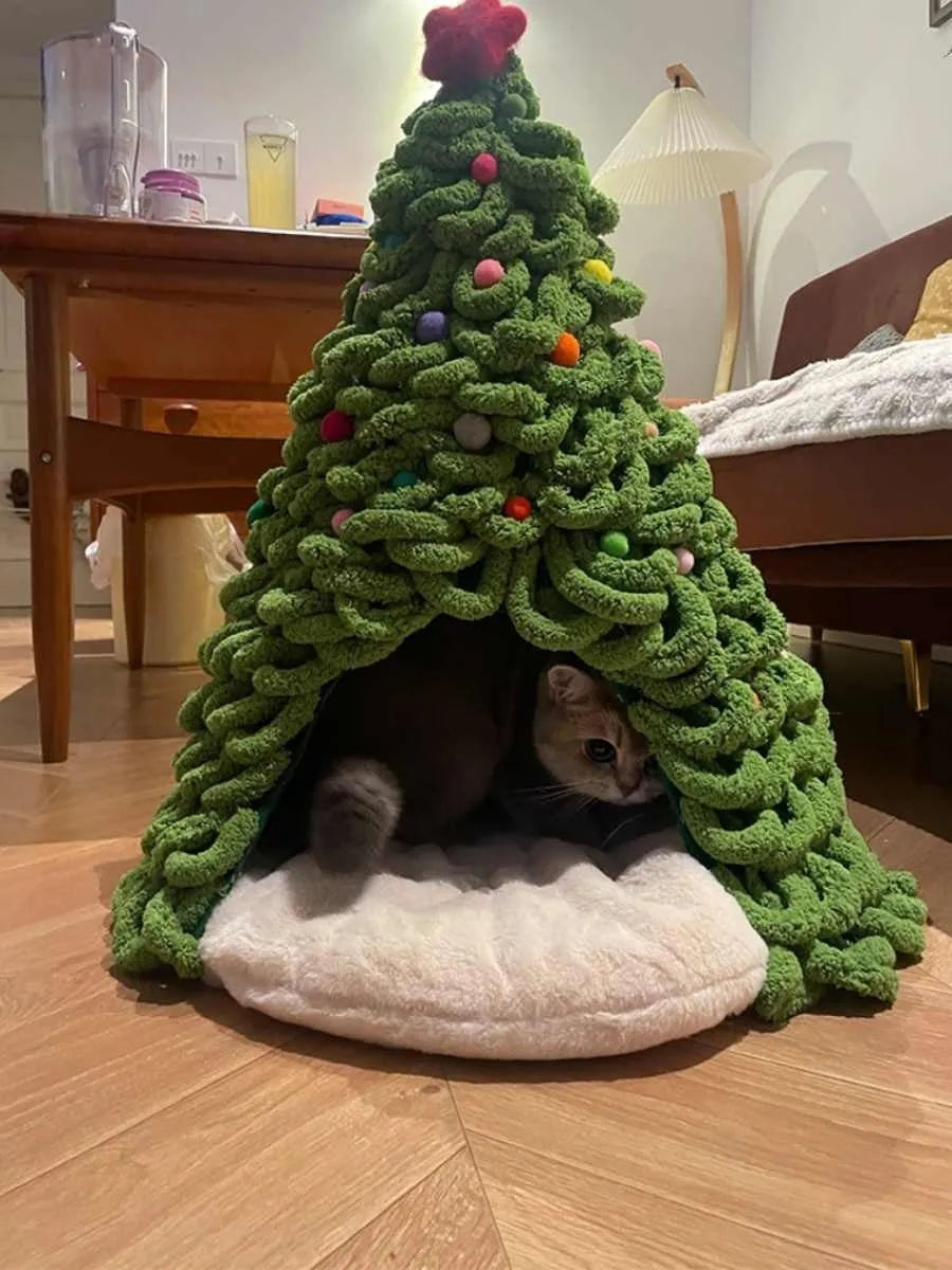 Christmas tree coarse wool woven pet nest material pack for handmade cat nest with base fabric, stars, and cushion options