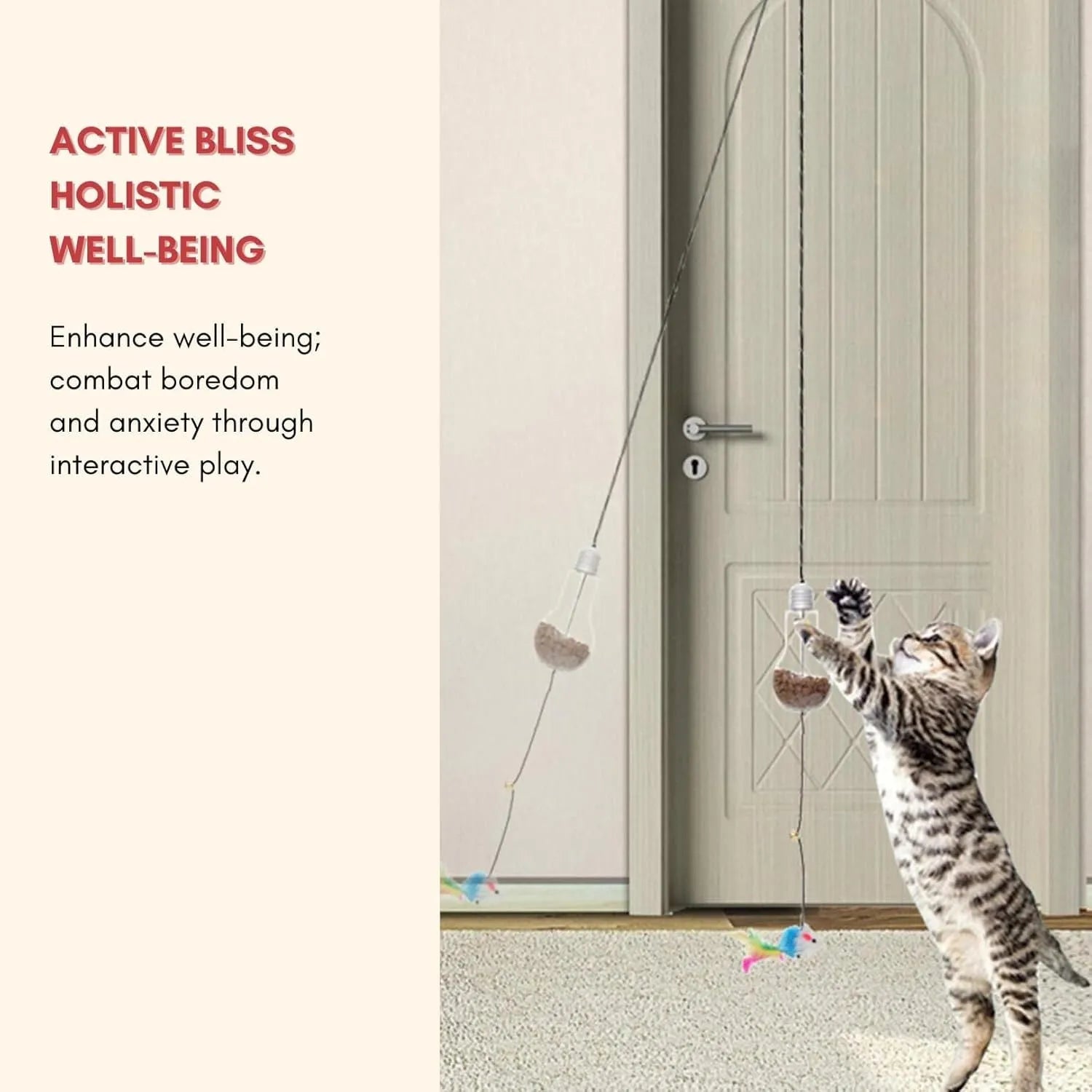 Grey interactive cat toy hanging from door frame with retractable elastic rope, treat dispenser bulb, and dangling mouse attachment