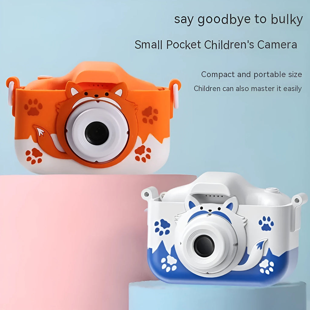 HD cartoon digital camera for children in blue or orange with lanyard and charging cable