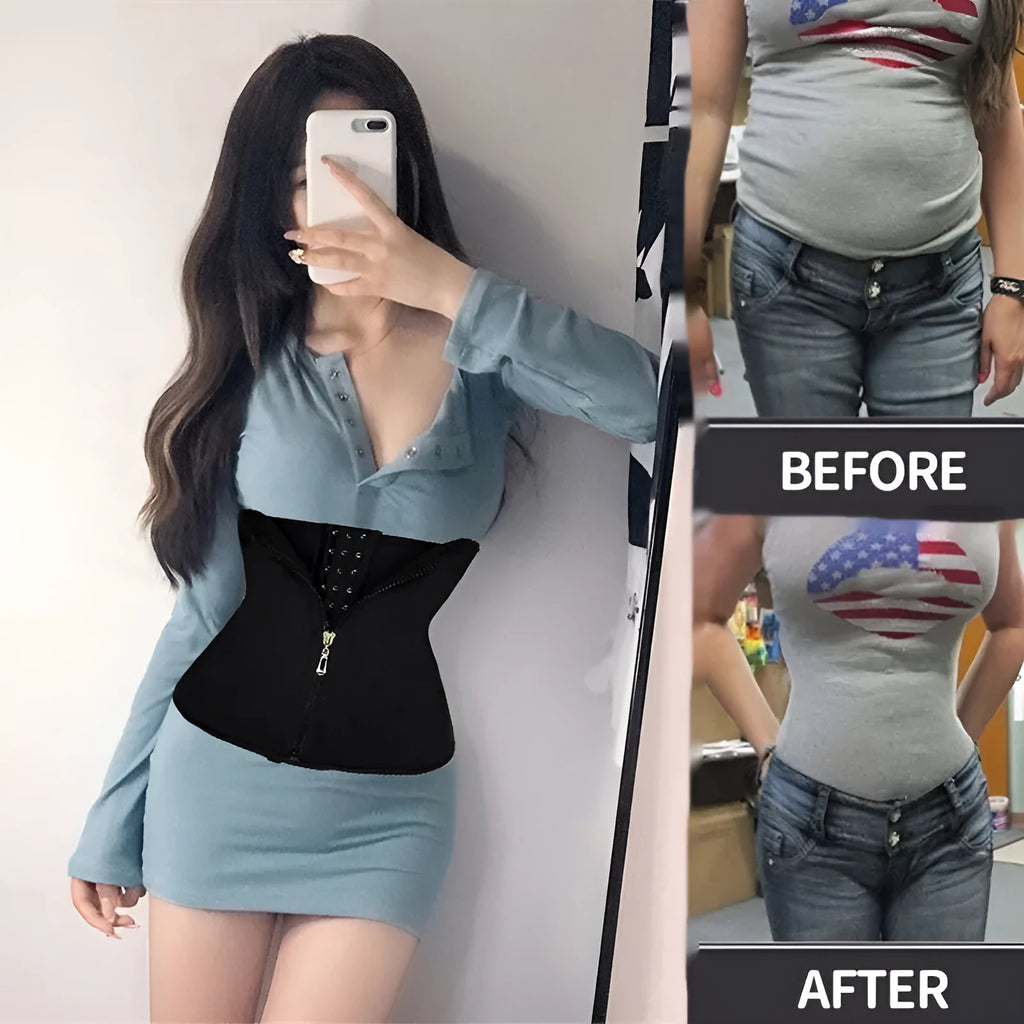 Neoprene body shaping belly band in black for waist training and yoga, with adjustable fit