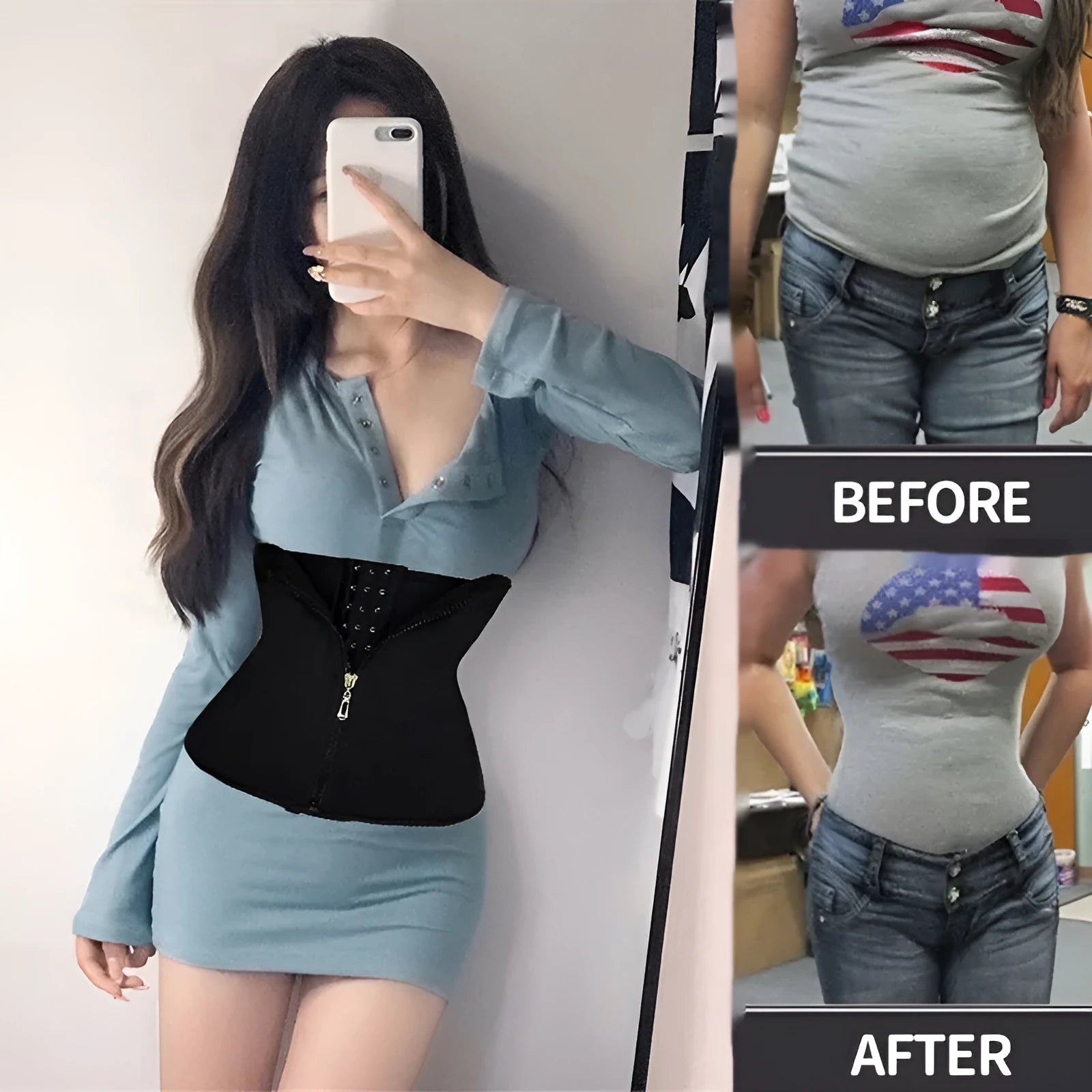 Neoprene body shaping belly band in black for waist training and yoga, with adjustable fit