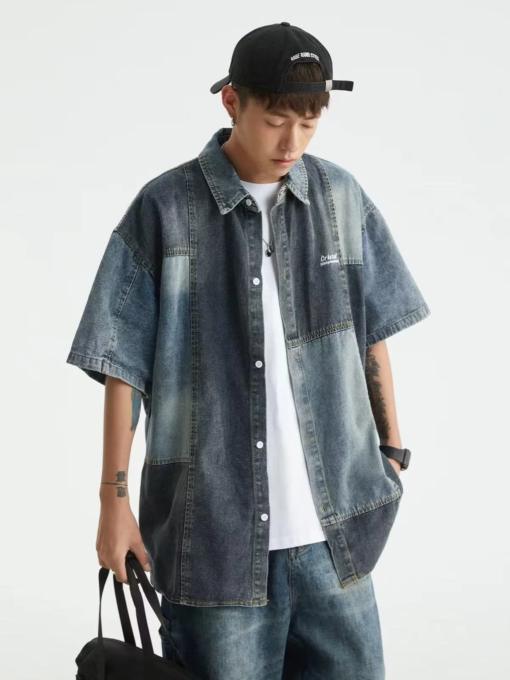 Blue Japanese-style retro washed denim shirt for men in a loose cardigan fit.