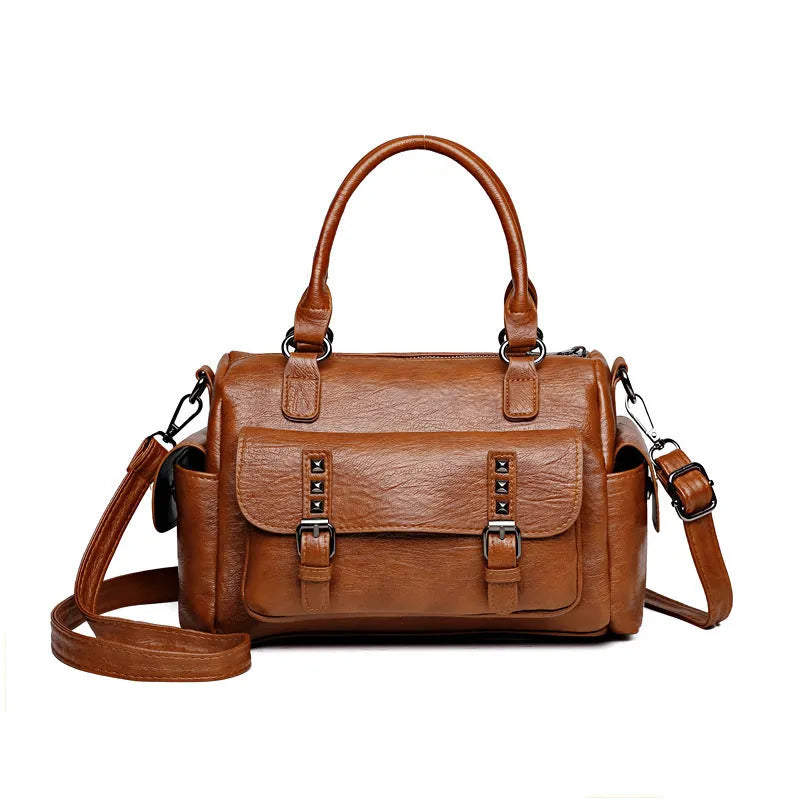Vintage-style square messenger bag in PU leather with contrast stitching, shown in multiple colour options.