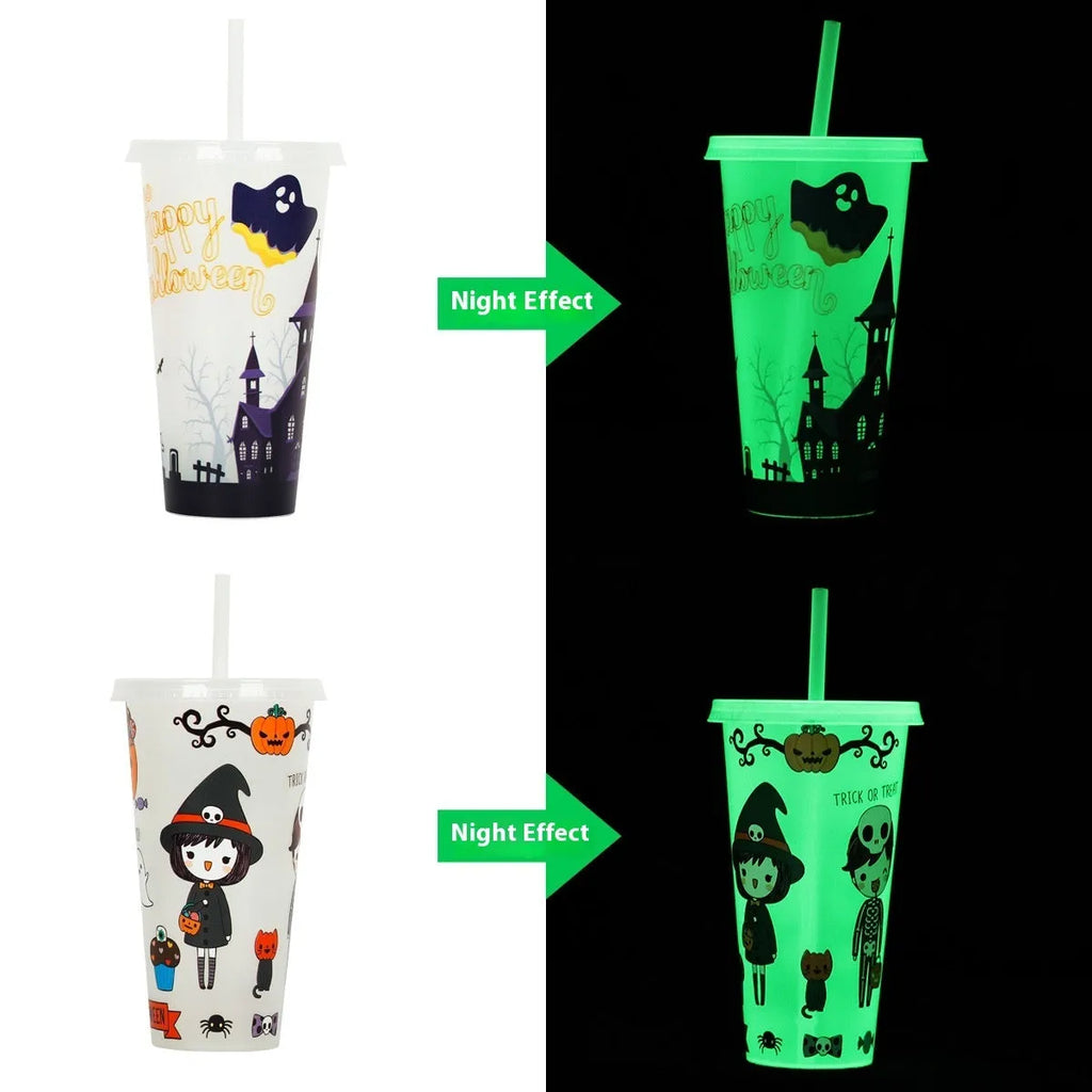 720ml Halloween plastic sippy cup with luminous straw in assorted colours
