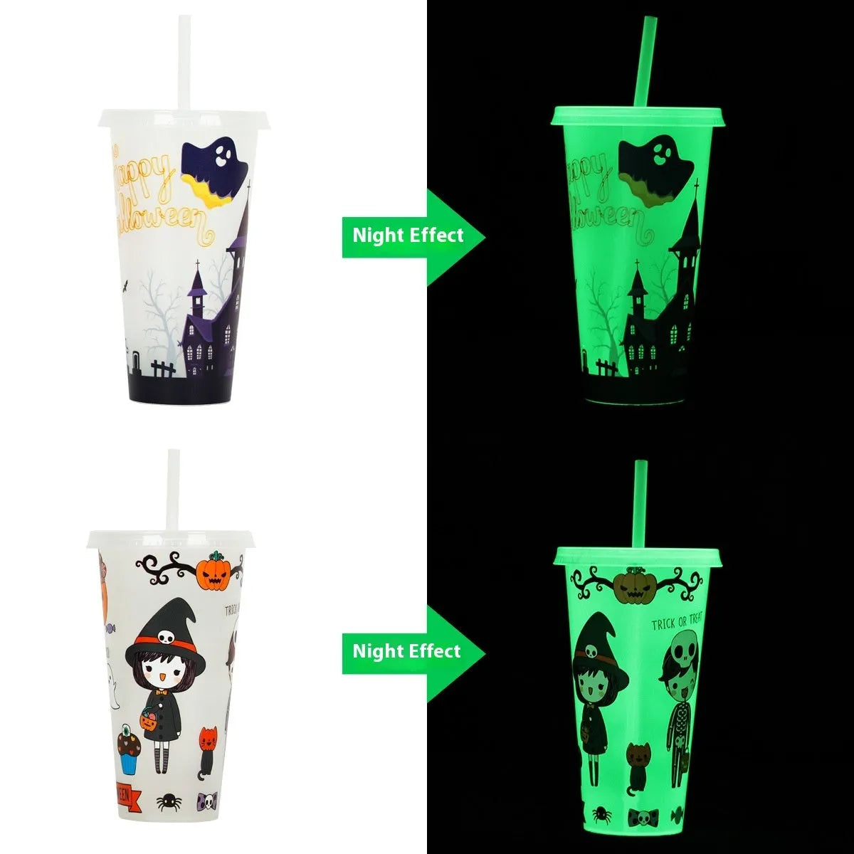 720ml Halloween plastic sippy cup with luminous straw in assorted colours