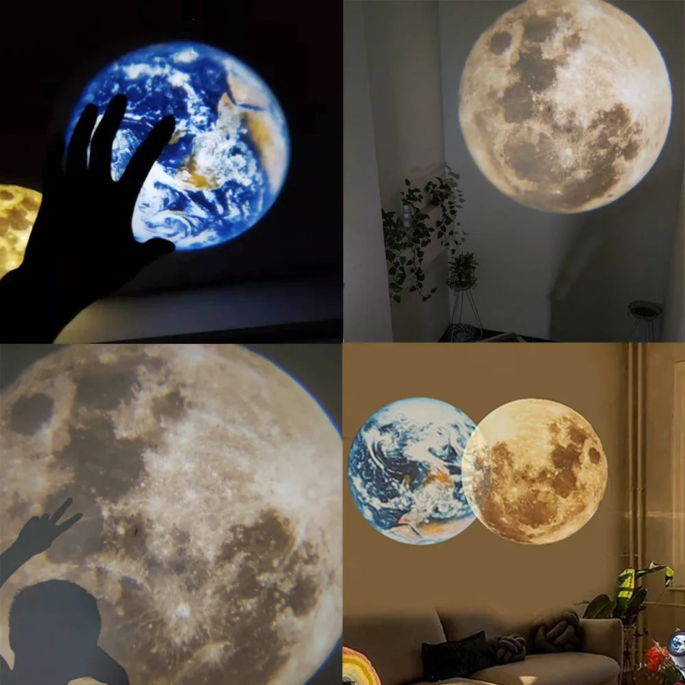Earth and Moon projection lamp with flexible hose bracket on a table, showing USB cable.