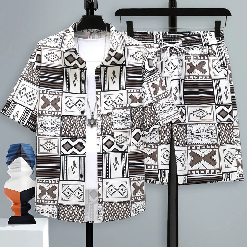 Men's casual sports two-piece set with short sleeve top and matching shorts in polyester fabric