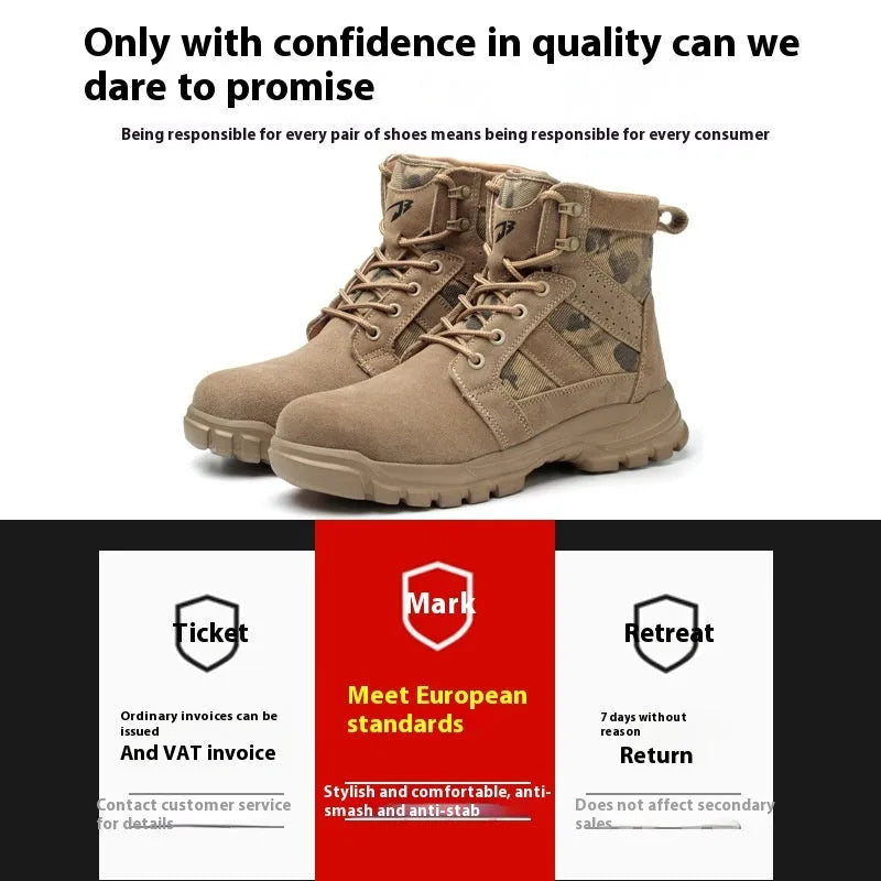 Khaki suede high-top safety boots with steel toe cap and front lace-up closure