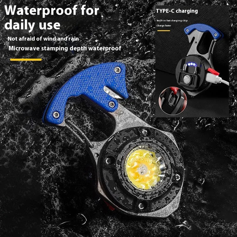 Portable keychain torch with window-breaking hammer, screwdriver, and smart display showing lighting modes