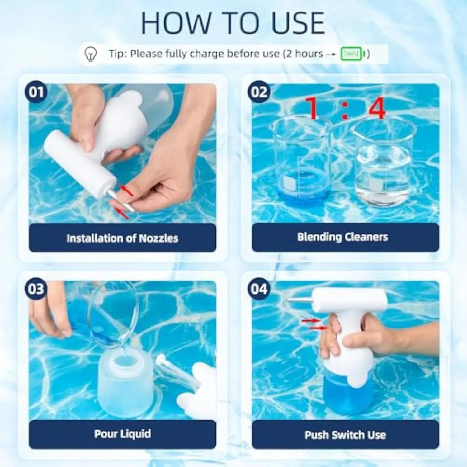 White electric foam soap dispenser with two nozzles and a USB charging cable for pet and home cleaning.