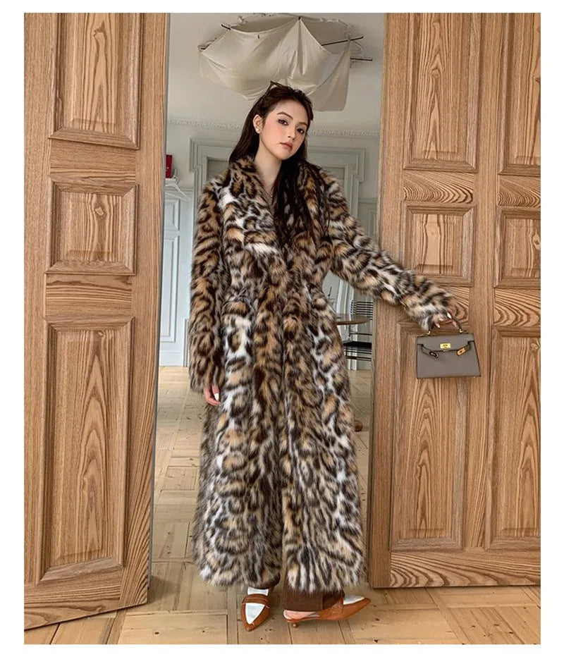 Women's artificial fur coat with collar in street fashion style showing pocket detailing