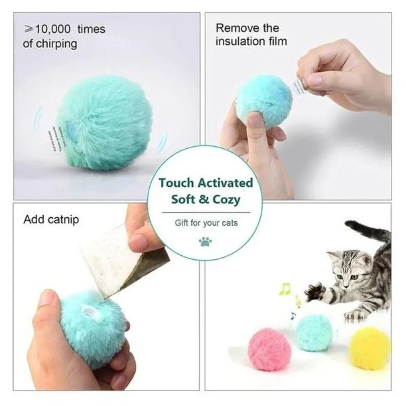 Interactive cat toy ball in blue, pink or yellow with 55mm diameter and smart trigger for animal sounds
