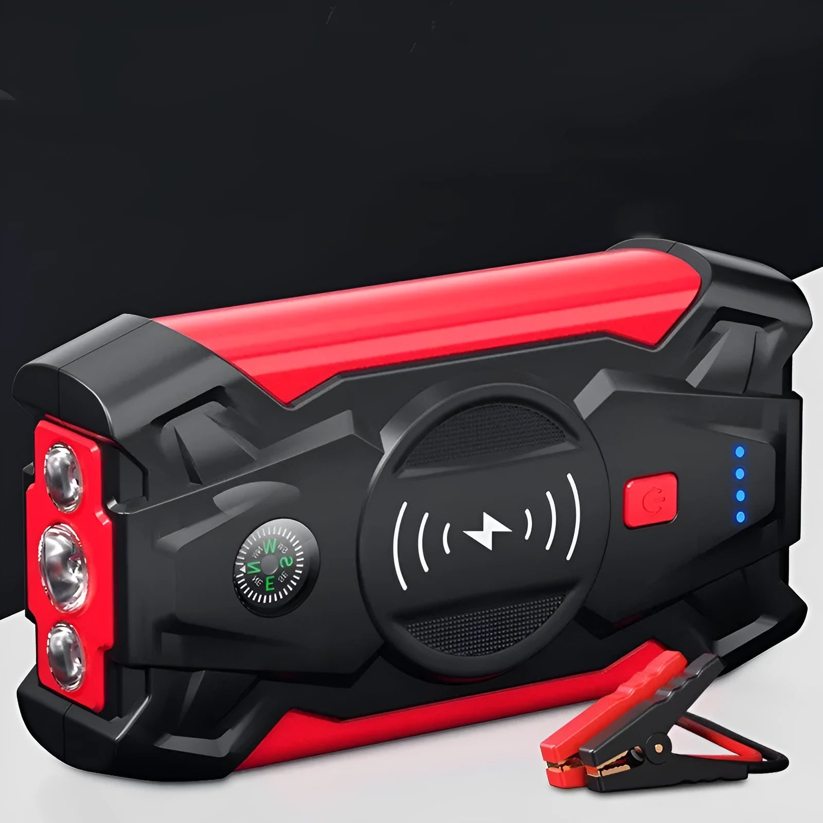 Red 12V car emergency jump starter power pack with digital display and air pump, showing 39800W output.