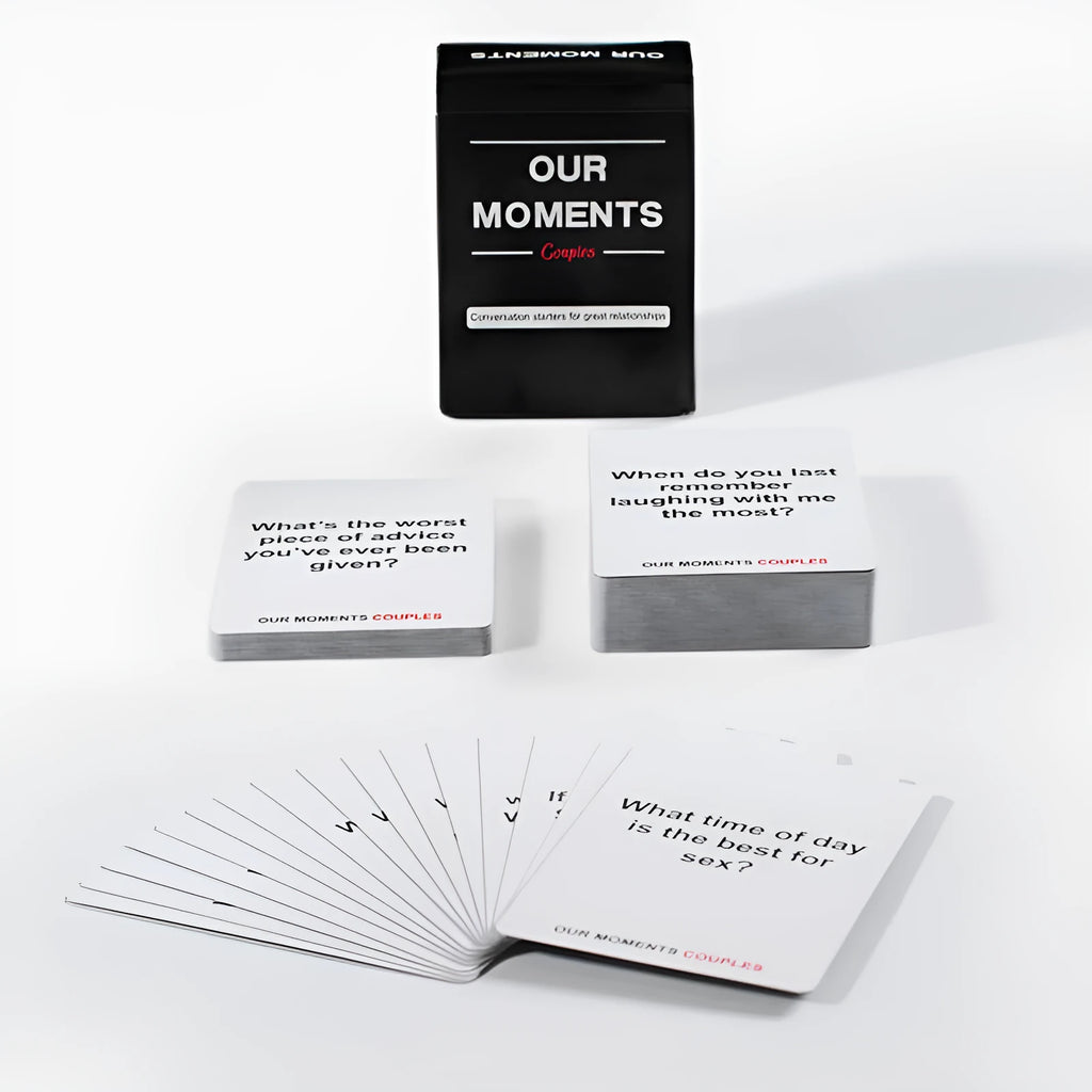 Black box of Our Time Lovers Edition English communication cards for couples on a table.
