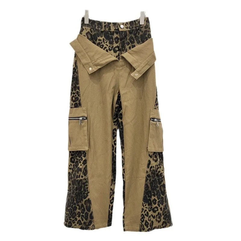 Retro high waist tooling jeans in dark khaki leopard print with contrast stitching and straight leg.