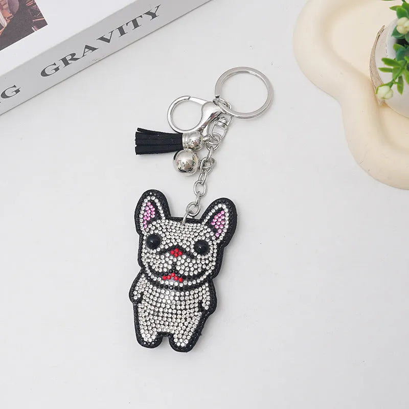 French dog cartoon design rhinestone keychain with alloy tassel pendant in caramel colour