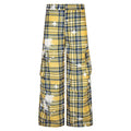 Men's blue retro plaid overalls with loose straight leg trousers on mannequin