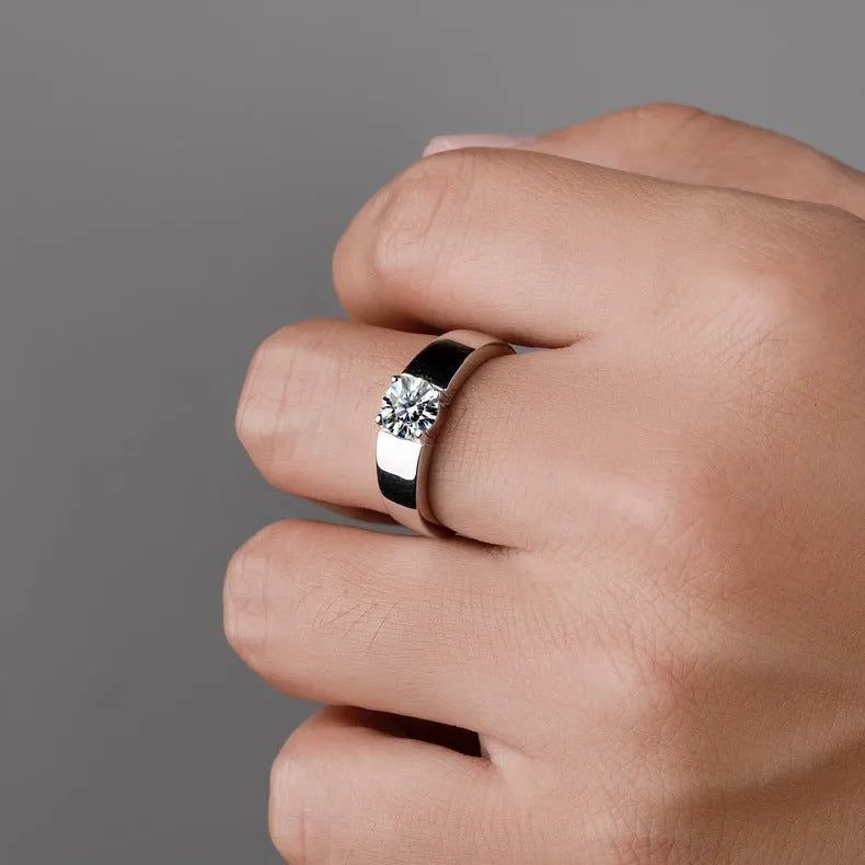 Sterling silver men's ring with U-shaped band, adjustable opening or fixed size, and moissanite or high carbon stone in 50 points or 1 karat.