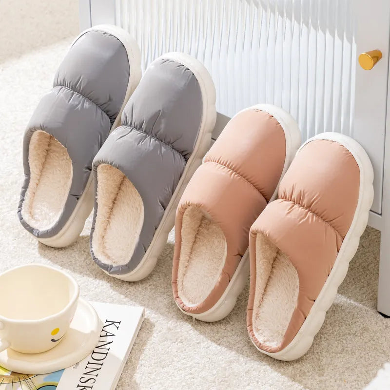 Winter indoor slippers with artificial leather upper, rubber sole, and plush lining in multiple colour options