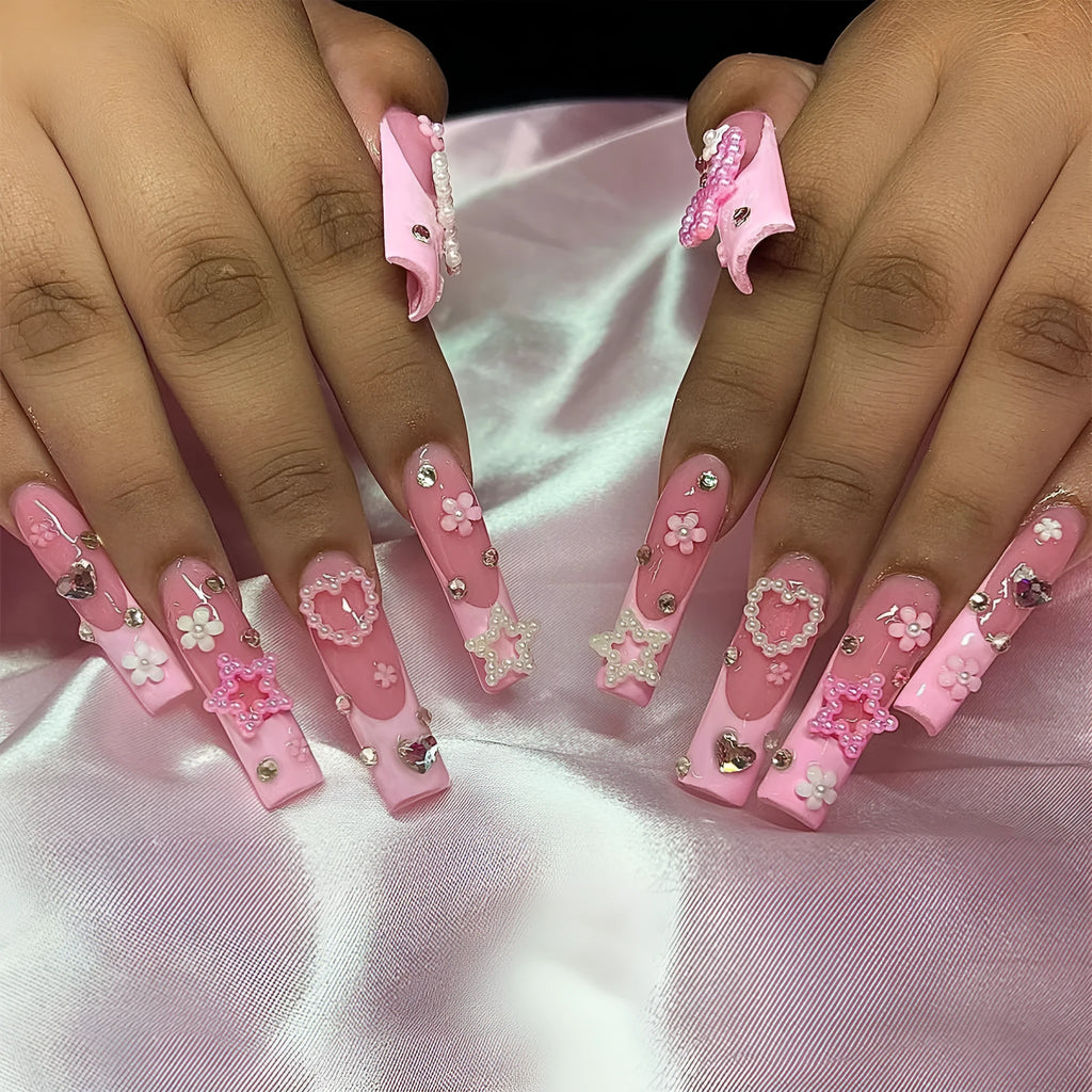 Long water pipe French artificial nails with spot drill and bow decorations in XB-70-48 colour