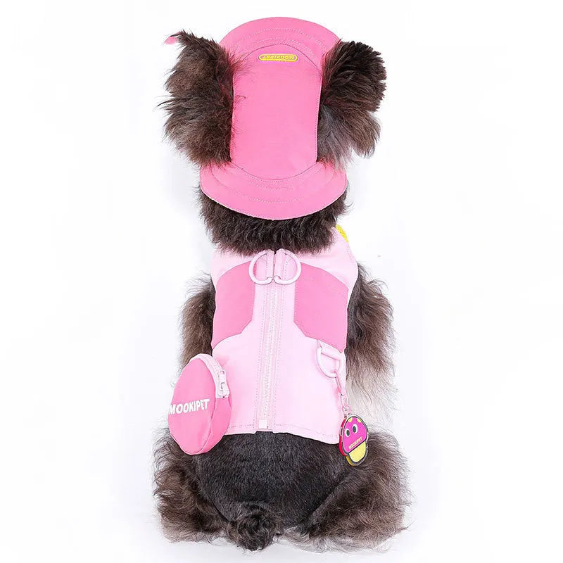 Pink polyester vest for small dog on mannequin showing casual design