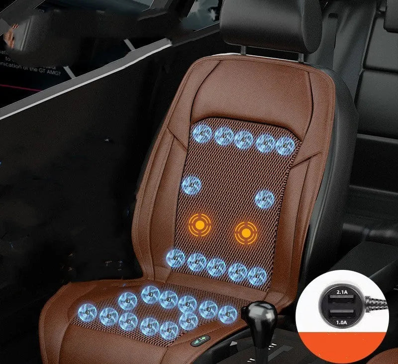 Black ventilated car seat cushion with multiple cooling fans, connected to a 12V car plug.