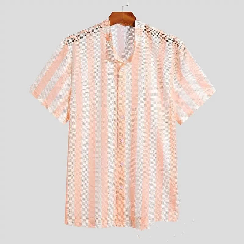 Pink men's waffle knit cardigan shirt with short sleeves and loose fit design