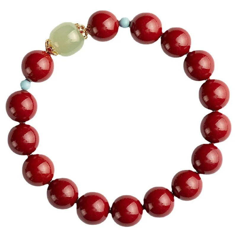 Purple Gold Sand Cinnabar and Hetian Jade unisex bracelet with geometric ellipse beads.