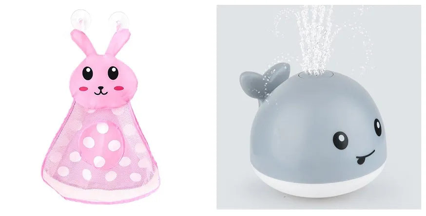White and blue whale bath toy spraying water with LED lights illuminated