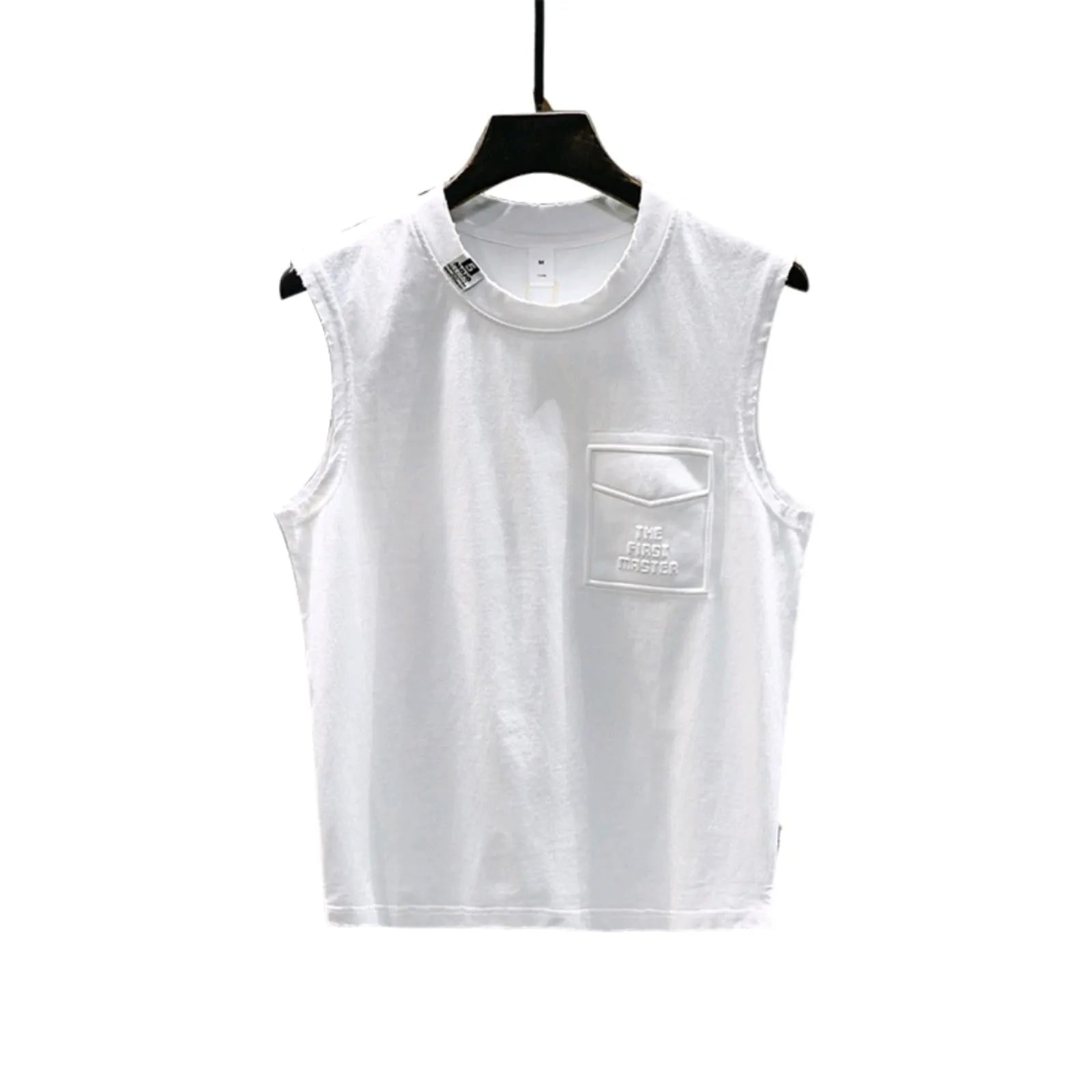 A solid colour loose cotton sleeveless t-shirt on a hanger, shown in white and black.