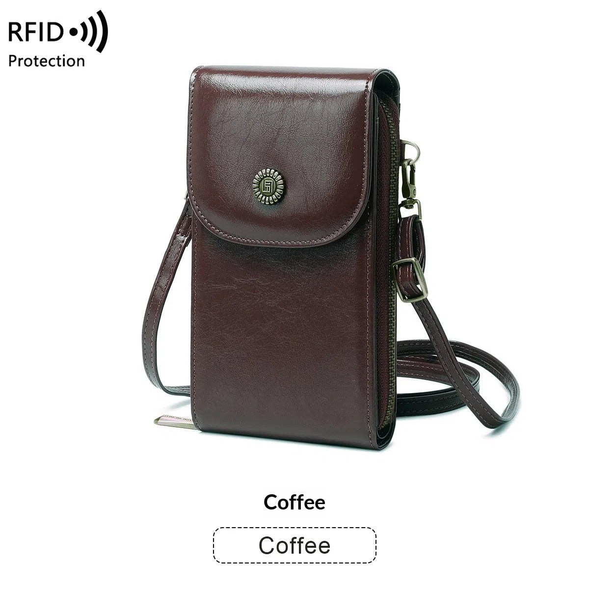 Anti-magnetic phone bag retro wax leather PU crossbody with card slot in black for daily wear