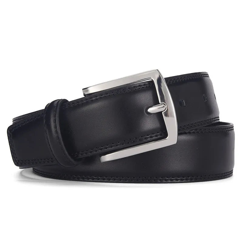Men's black leather belt with a silver alloy pin buckle laid flat, showing its length and width.