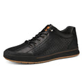Men's white and black leather lace-up casual trainers with round toe and flat heel