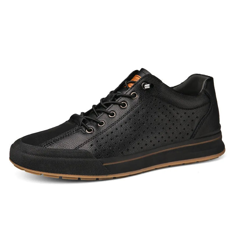 Men's white and black leather lace-up casual trainers with round toe and flat heel