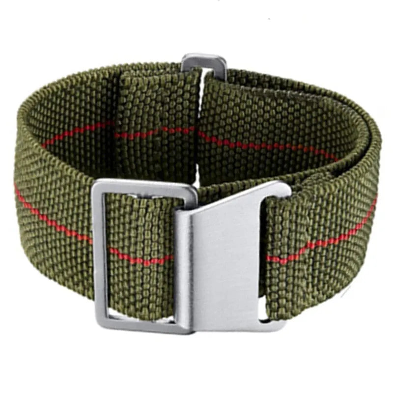 Nylon parachute elastic watchband in multiple colours with metal buckle on white background