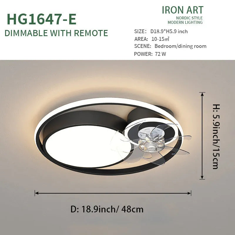Nordic-style 48cm ceiling fan light with metal blades and acrylic lampshade in black or gold finish.