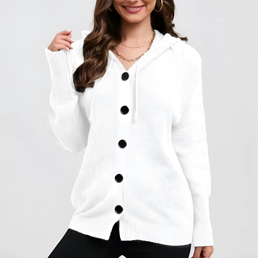 Women's loose fit hooded cardigan sweater in thick cotton, shown in a solid colour.