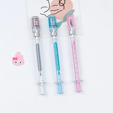 Black and clear plastic vaccine syringe design gel pen with 0.5mm tip on white background.