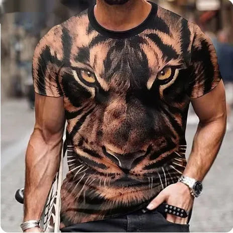 Men's black T-shirt with 3D lion print design, polyester fabric, available sizes XXS to 6XL