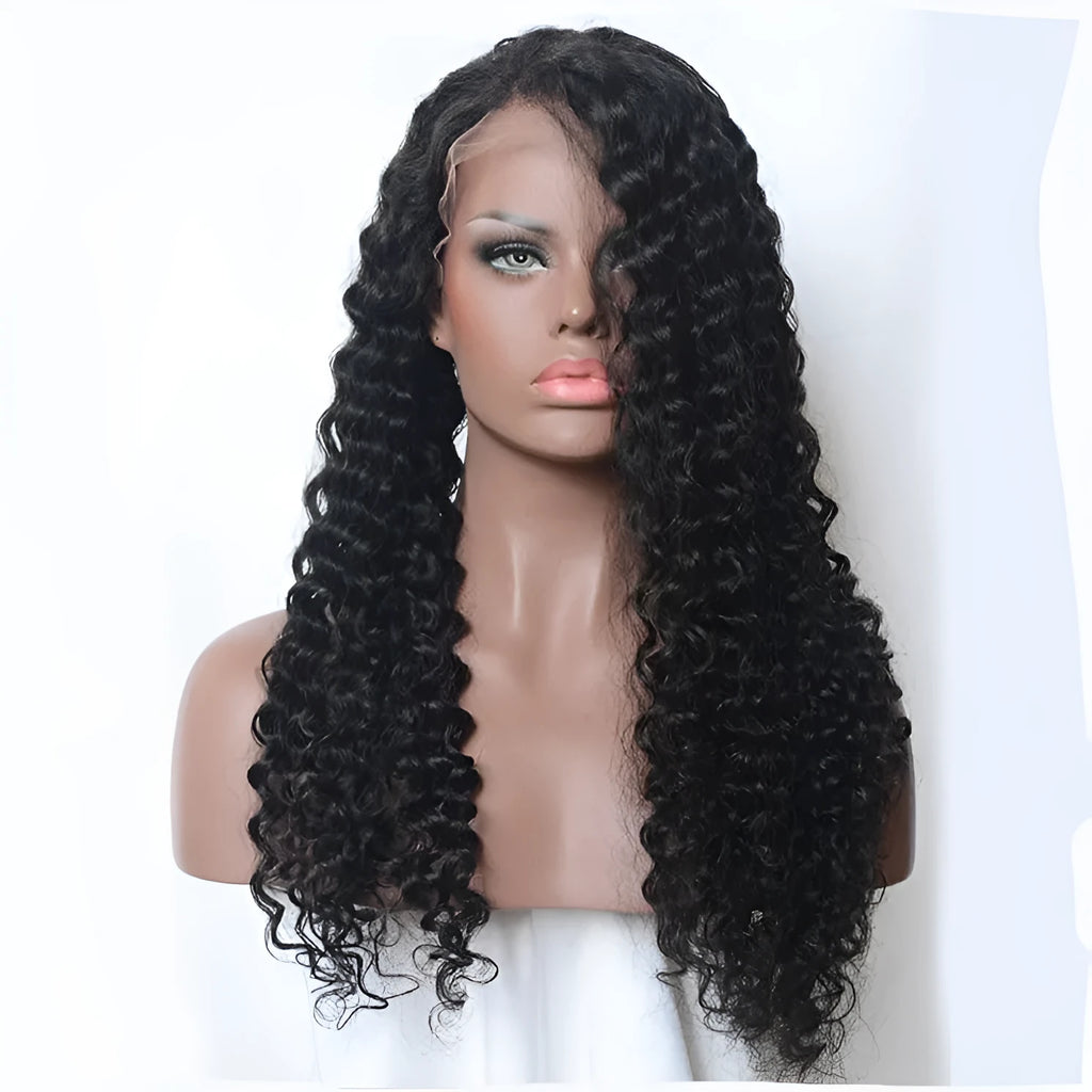 Curly headband wig made of human hair, fully hand-woven, available in multiple curl patterns and lengths 8-30 inches.