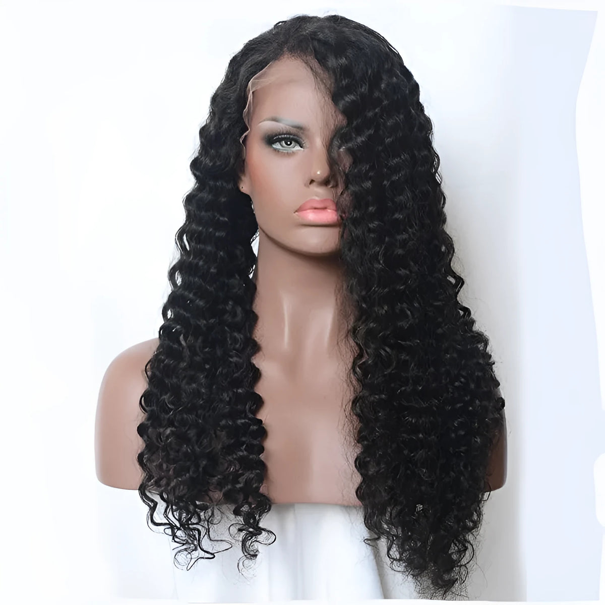 Curly headband wig made of human hair, fully hand-woven, available in multiple curl patterns and lengths 8-30 inches.