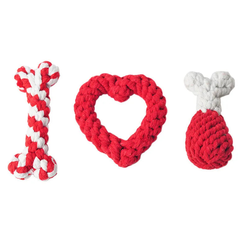 Red and white cotton rope dog chew toy in bone and heart shapes, 15cm, for puppy teething
