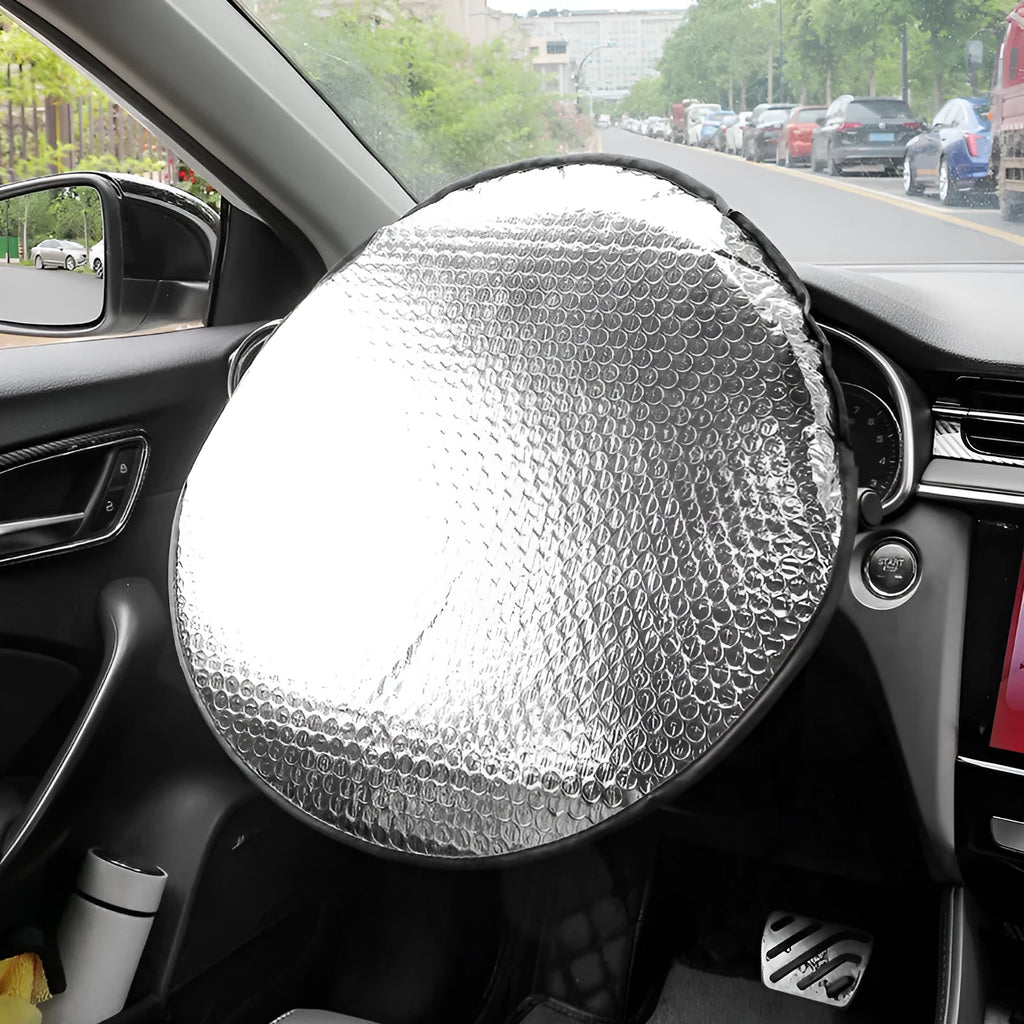 Aluminium foil steering wheel sunshade cover with brand logo pattern for universal fit