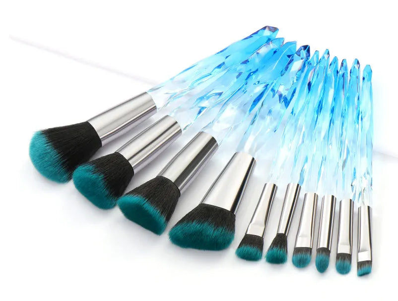 Set of 10 clear crystal foundation brushes with coloured handles.