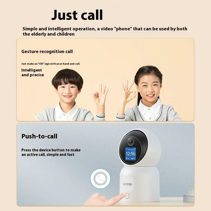 Zhou Shi indoor wireless wifi security camera with large screen, plastic shell, and screw-fixed bracket.