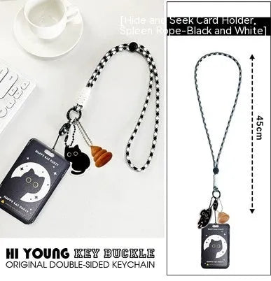 Cute black cat cartoon plastic card holder with a ferrule pendant for keys or bags.