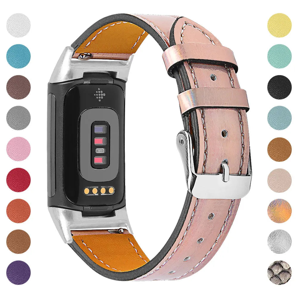 Genuine cowhide leather replacement strap for Fitbit Charge 5 and Charge 6 smartwatches in multiple colours.