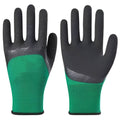 Pair of black and green rubber work gloves with a textured, non-slip surface on the palms and fingers.